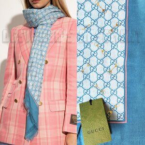 GUCCI blue GG with gold Horsebits print giant 53"-square modal/silk scarf NWT🎁